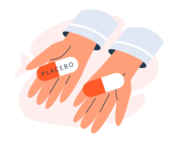 An illustration of two hands, each holding matching pills. One is labeled PLACEBO.