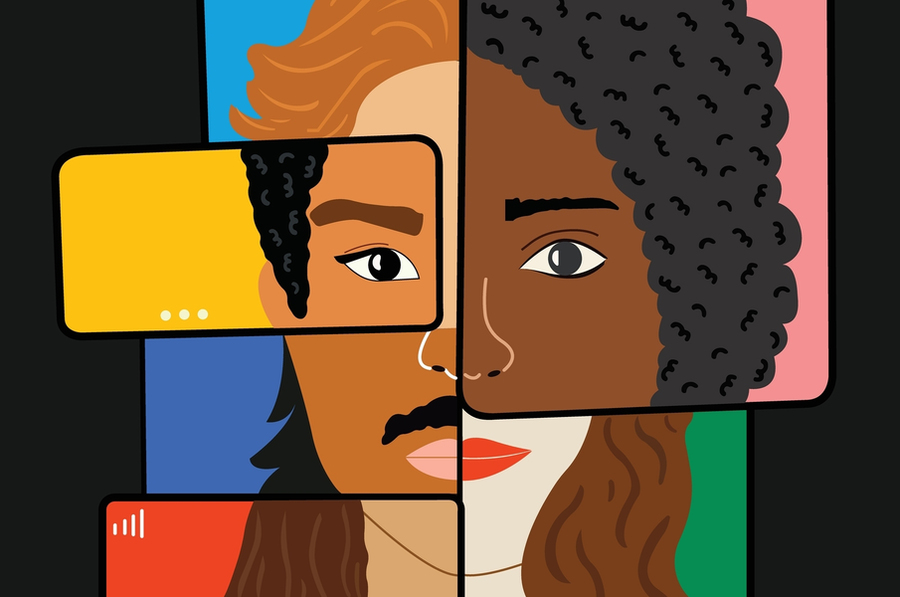 Illustration of different overlapping screens showing different parts of faces with different skin tones and features
