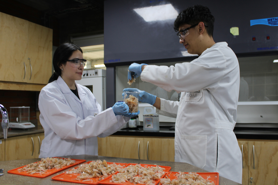 Two people in lab coats and safety glasses holding a glass container.