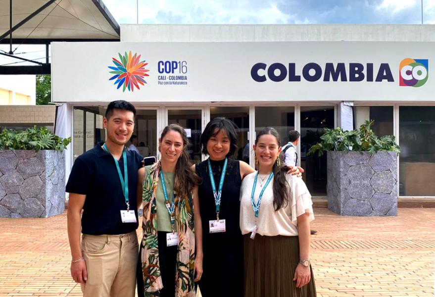 Four people wearing lanyards pose outside