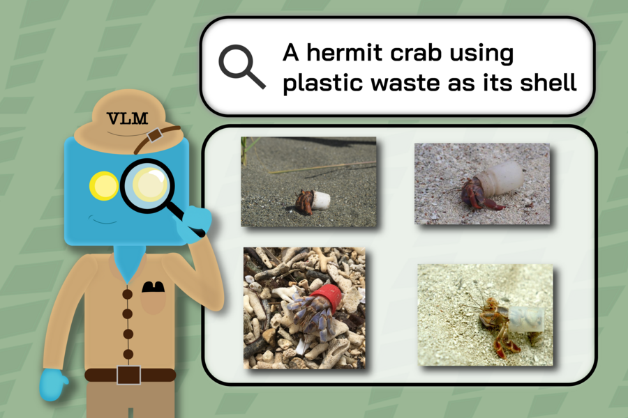 A cartoon robot dressed as an explorer inspects search results for “A hermit crab using plastic waste as its shell,” with four photos displayed