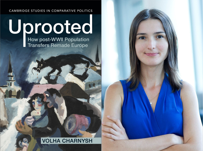 On left is the cover of the book, “Uprooted” which has a painting of a large cat eating a mouse over a village, and three distressed people. On right is a photo of Volha Charnysh.