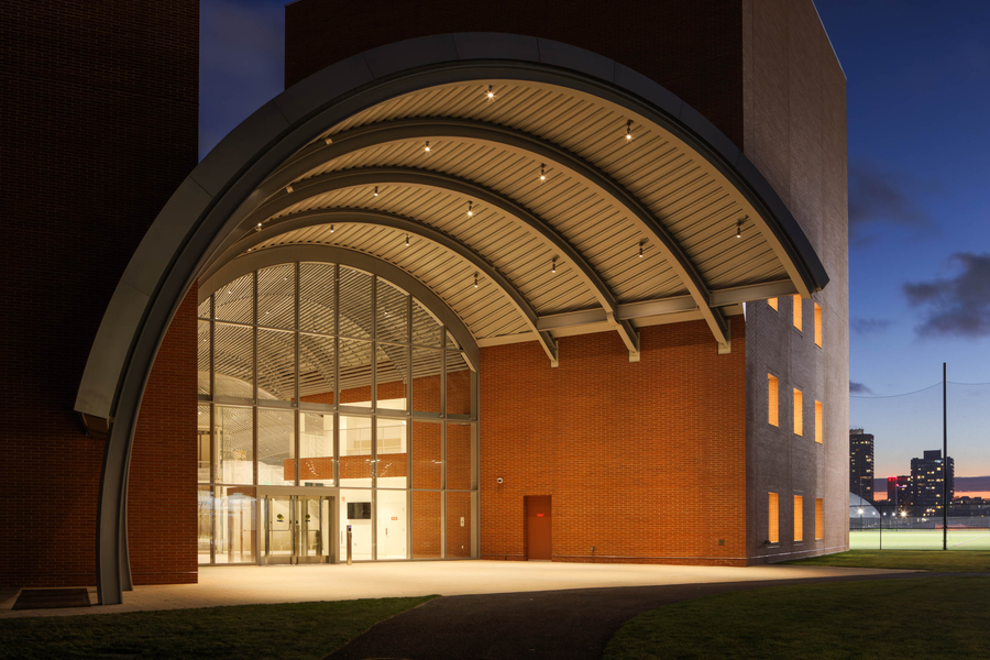 Evening view of the main entrance to the Linde Music Building