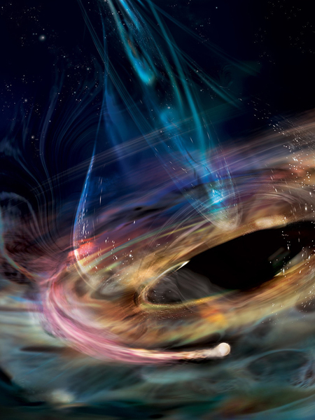Energy swirls around a black hole, and a white dwarf, like a sphere, trails matter. Blue energy goes toward the center of the black hole.