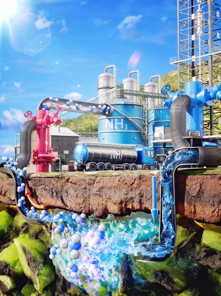 A factory and a cross-section of the ground beneath it. Dynamic liquid ammonia flows in and out.
