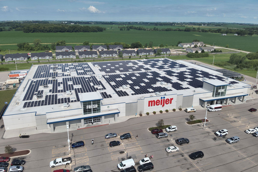 A Meijer store’s roof is filled with solar panels.