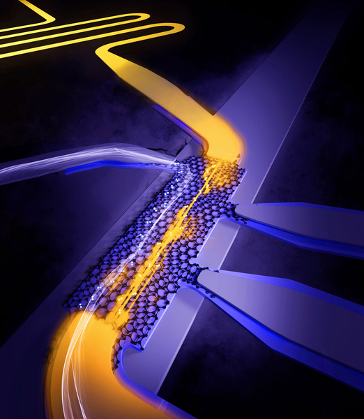 An expanded view of the 3D rendering showing yellow energy shooting across layers of a graphene lattice laid out on a flat surface.