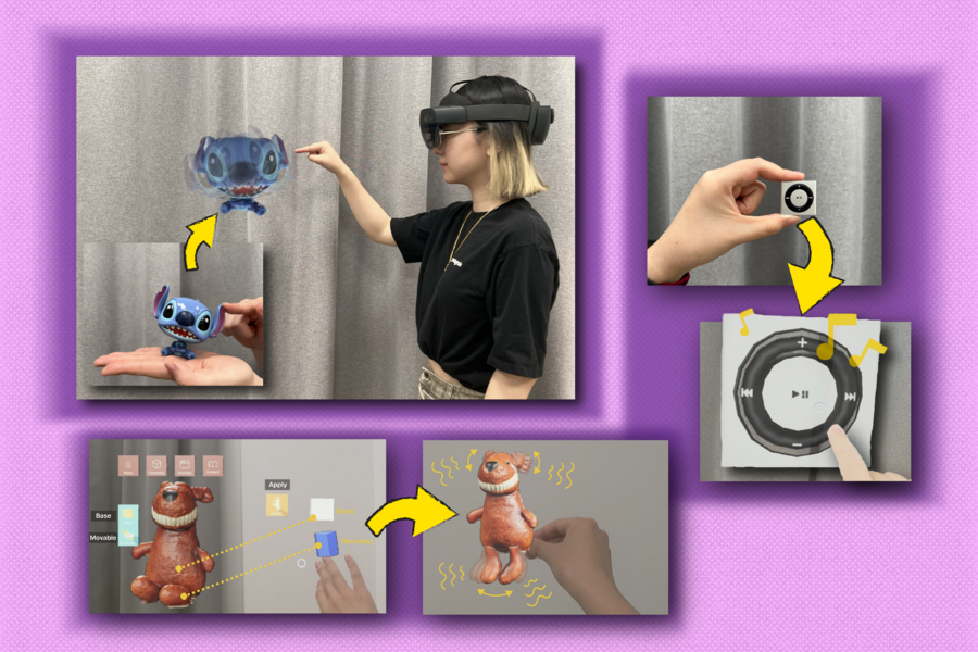 Using a mixed reality headset, a researcher plays with a toy of the Disney character Stitch, a dog doll, and an iPod in a virtual environment. These scenes are depicted in rectangular frames over a purple background.