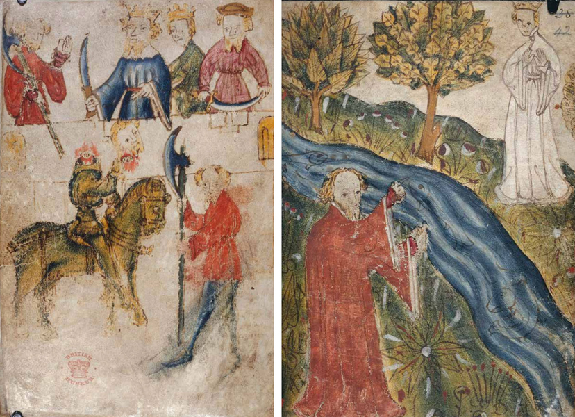Two images from the book show; people with weapons and a beheaded man on a green horse; and a man and woman on opposite sides of a stream.