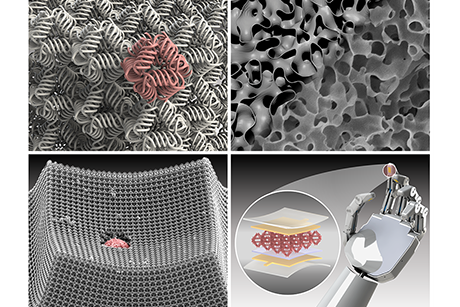A four panel design showing architected materials at the nanoscale