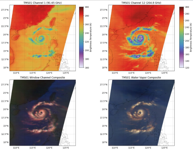 Four images showing atmospheric data layers of Typhoon Yagi. 