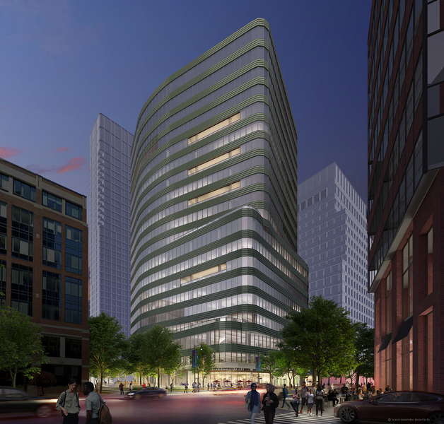 Artist rendering of 75 Broadway, nighttime view from Ames Street