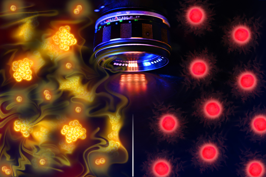 Digital college shows a lens with stylized atoms, yellow on the left and red on the right