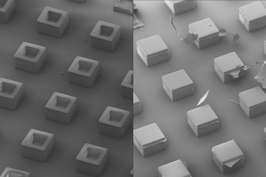 Left, empty tiny box-like objects; and on right, the boxes are covered.