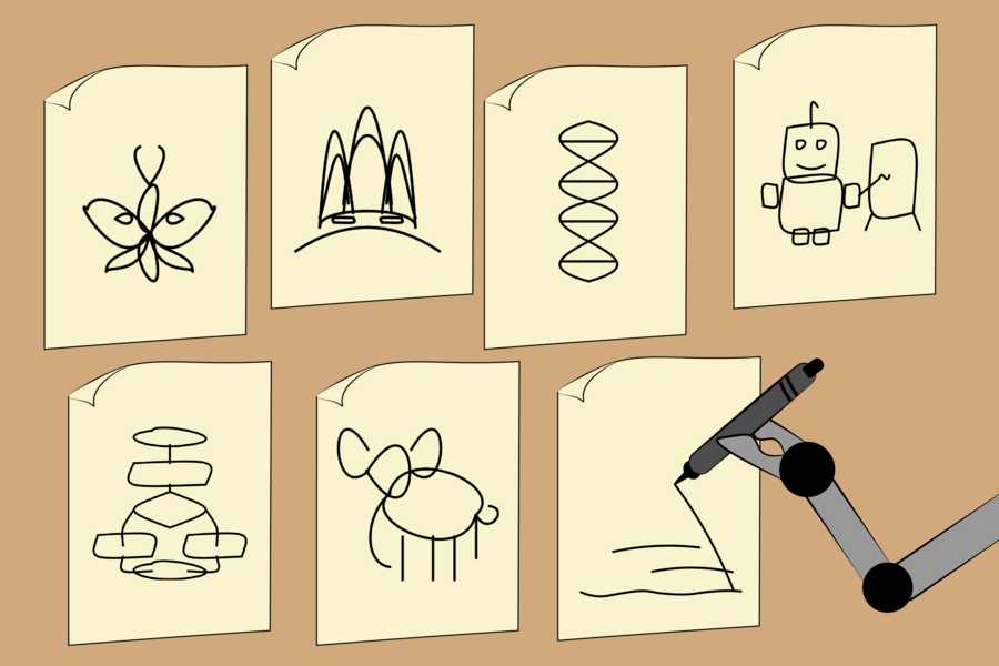 Cartoon of a robotic arm making childlike line drawings of things like butterflies, elephants, and DNA helixes on pieces of paper.
