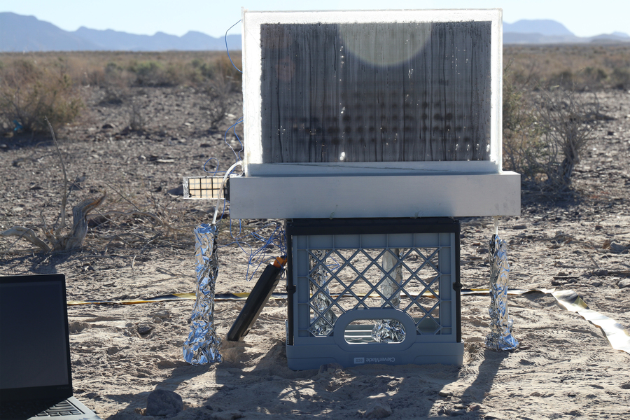 A passive water harvester device set up in Death Valley, a dry environment