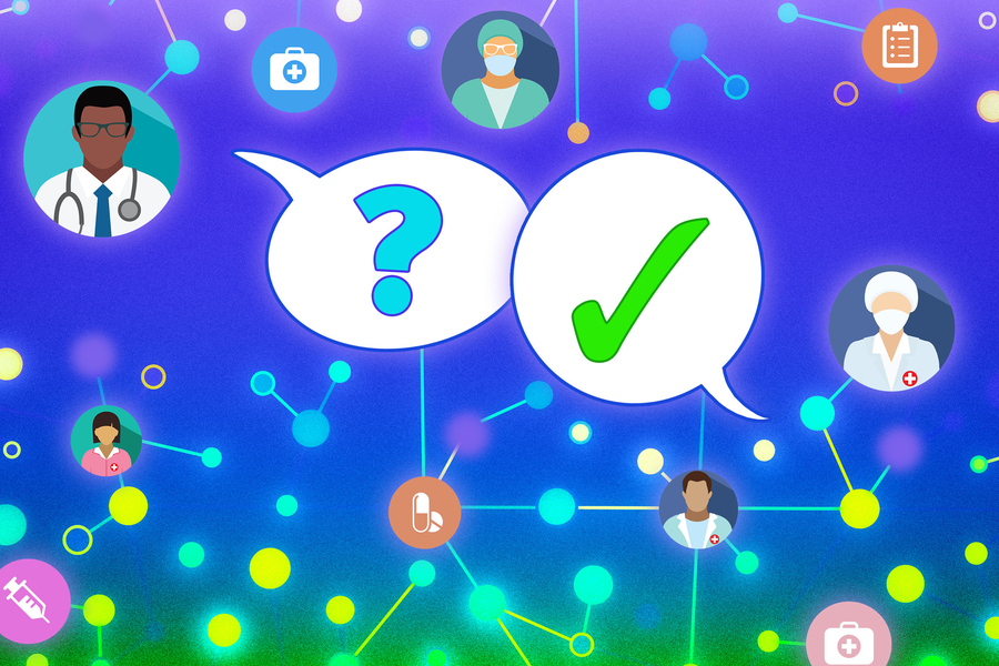 Five cartoon physicians inset in circles are connected by lines to dots representing patients. One doctor has a word bubble showing a question mark and one patient dot has a word bubble with a large checkmark.