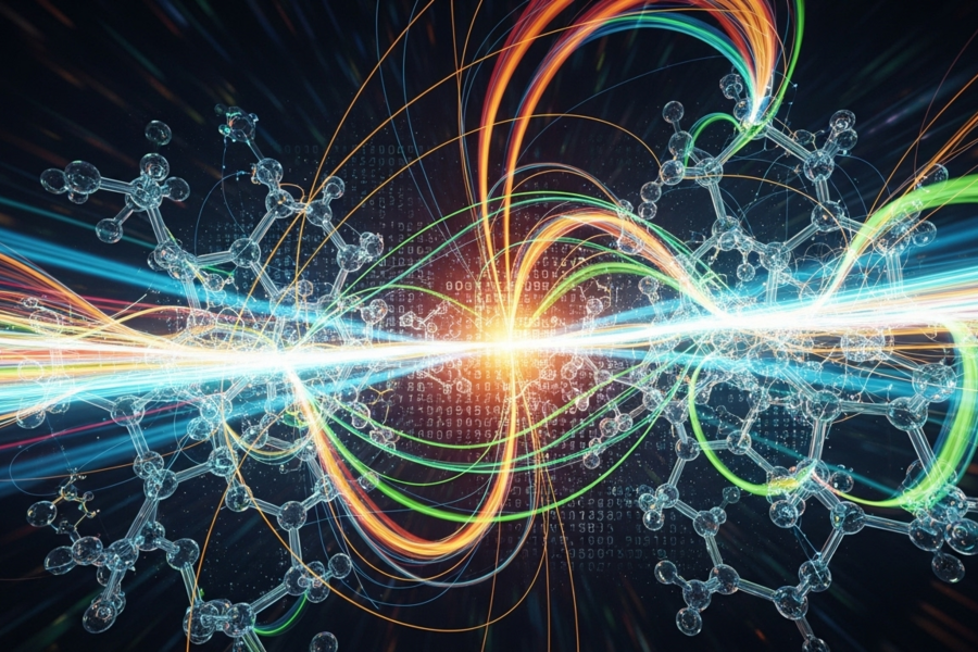abstract digital image of atoms and electrons incorporating chemical bonds, fiber optics, and digital code