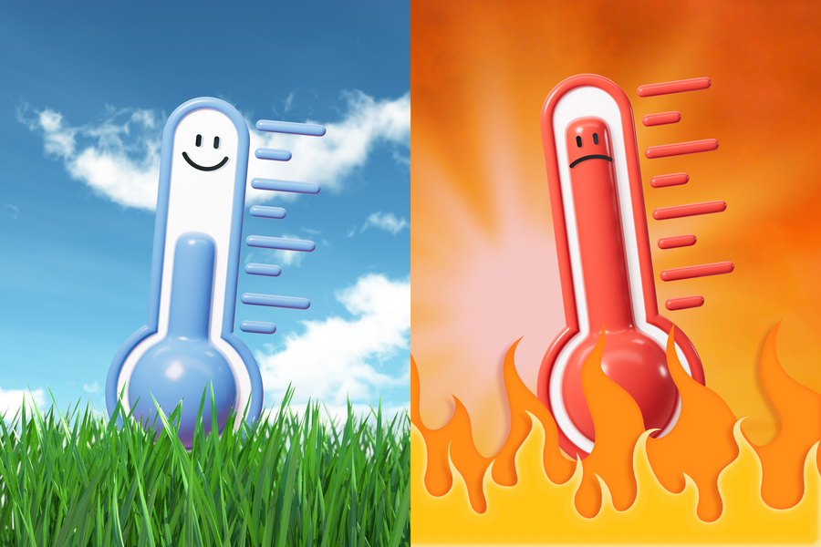 Two thermometers with faces, one cool and happy and the other hot and sad.