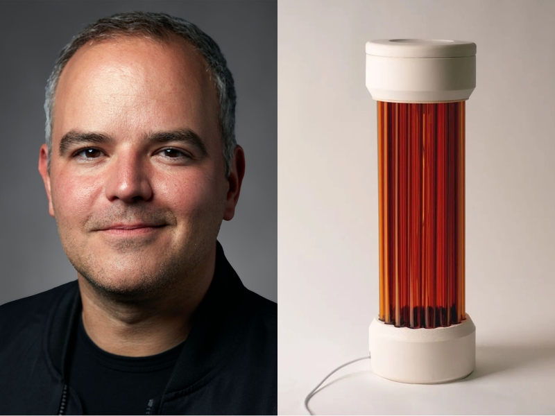 Headshot of Marcelo Coelho on the left, and photo of a cylindrical amber-colored lantern