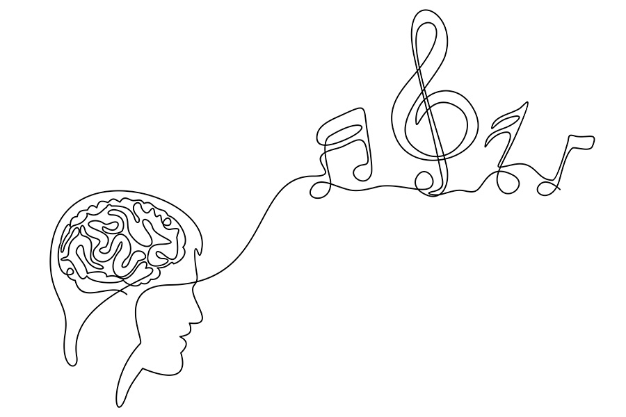 Continuous one-line illustration of a man's head with musical notes emerging from the brain.