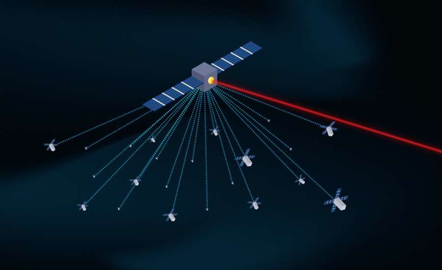 An illustration showing 22 small satellite nodes sending data to a larger satellite in space.
