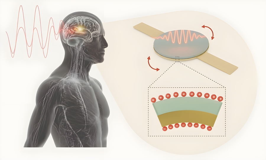 Illustration showing a human figure with highlighted neural pathways and brain activity, where red waves represent brain signals. To the right, a circular electronic device emits similar waves, suggesting interaction with brain signals. 