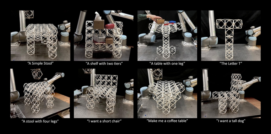 A grid of eight robotic assembly results showing lattice-like 3D structures built from modular components in response to voice prompts. Each structure is being assembled by a robotic arm on a metal workbench.