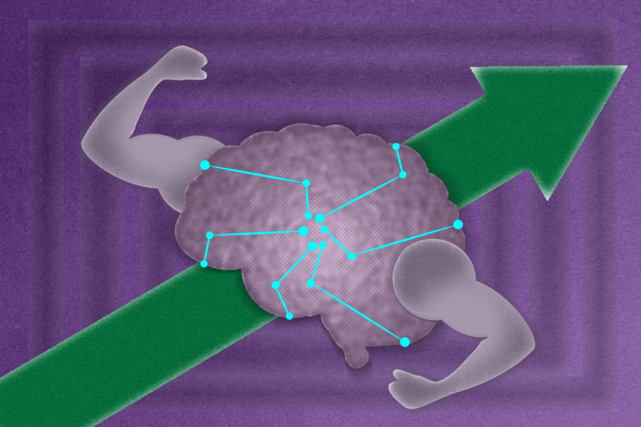 A cartoon brain radiating a network of lines and points flexes its biceps over a green progress bar