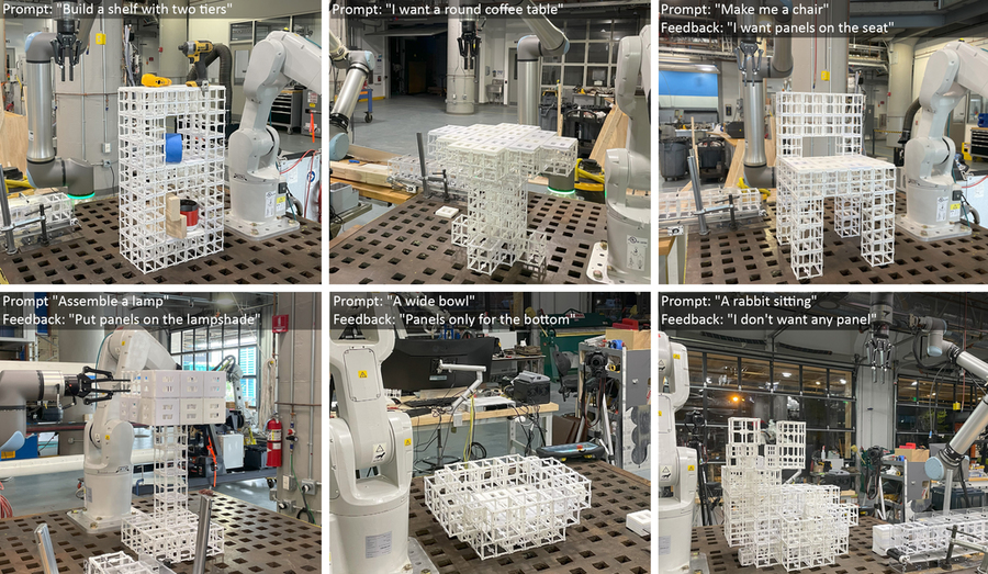 Six objects built with modular lattice cubes: shelf, round coffee table, chair, lamp, bowl, and a rabbit sitting. Prompts are given such as “Build a shelf with two tiers” or “Prompt: assemble a lamp; Feedback: Put panels on the lampshade.”