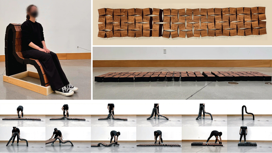 Multiple photos show a person sitting in a chair, and a person building and collapsing the chair.