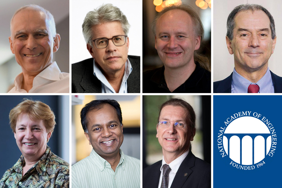Headshots of seven MIT faculty and the National Academy of Engineering logo