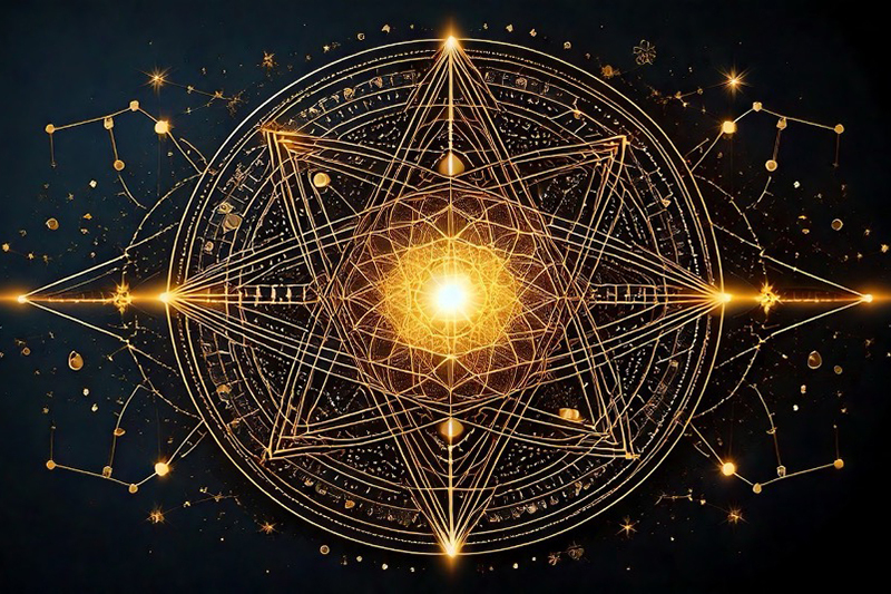 Black background with a complex, abstract golden mandella-like pattern 