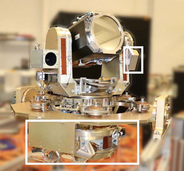 Photo of a laser communications terminal with a couple of callout boxes around specific components.