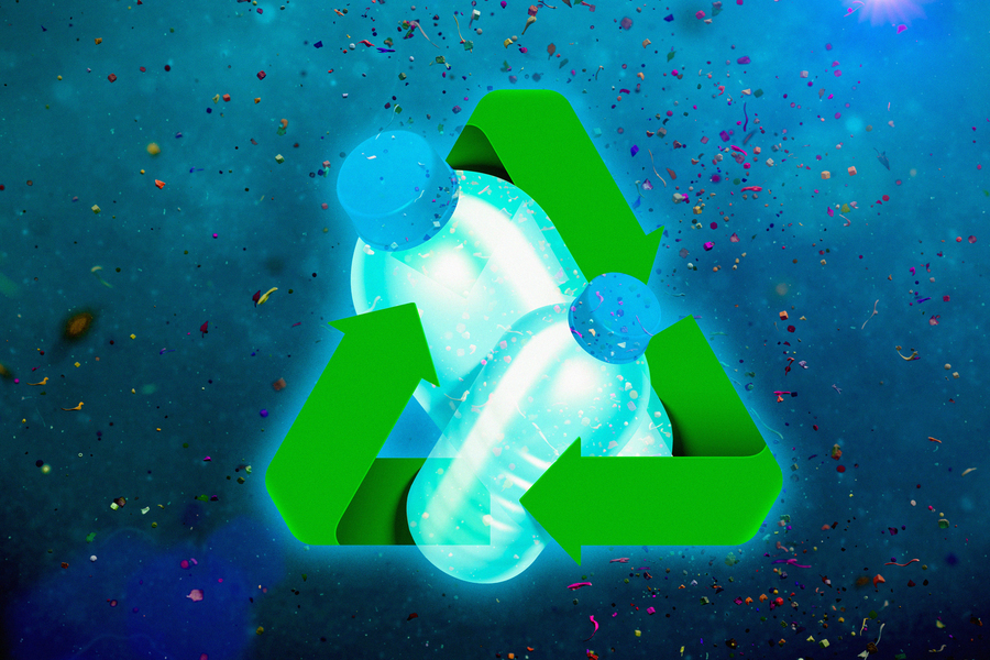 Recycling logo, plastic bottles and ocean background.