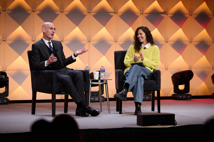 Adam Silver and Sue Bird on stage