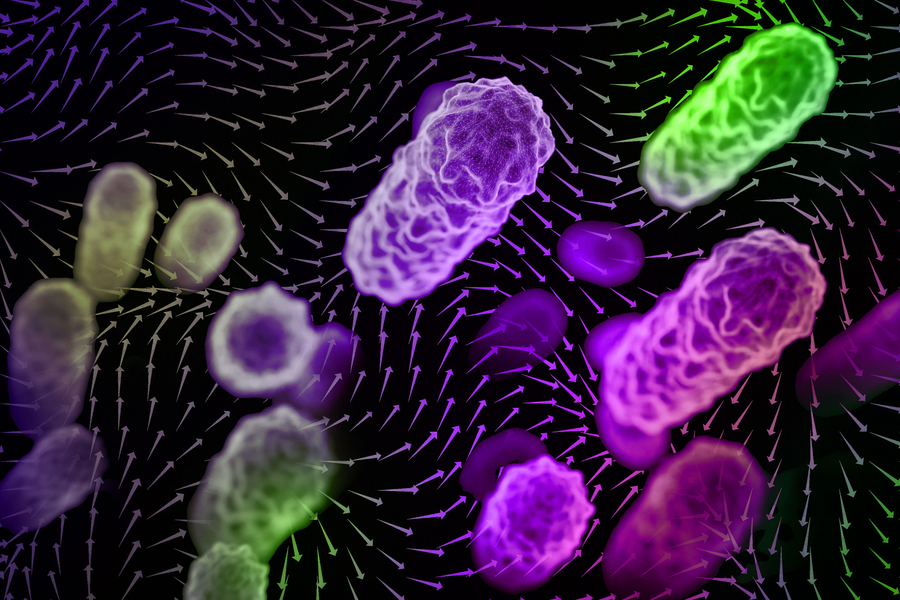 Pill-like bacteria flying, with arrows representing wind currents.
