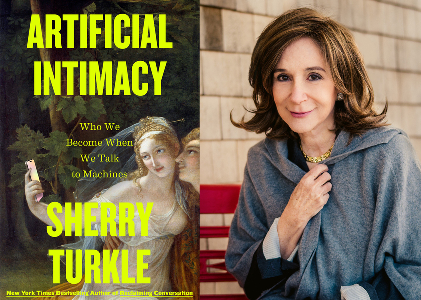 Sherry Turkle and book cover of "Artificial Intimacy."