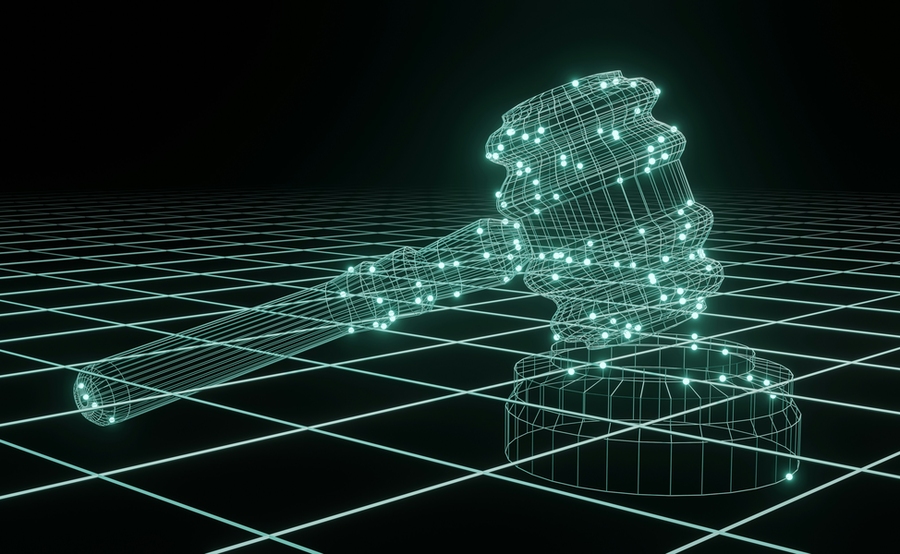3d wire-frame image of a judge's gavel on a grid