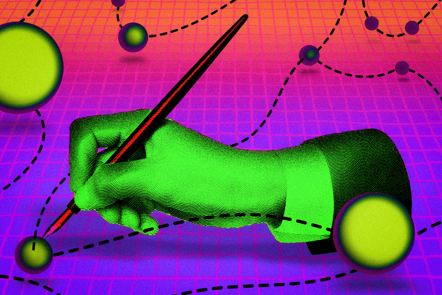 A hand writes, with spheres connected to lines in a Large Language Model.