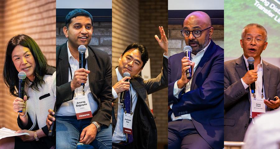 Five snapshots of Evelyn Wang, Arvin Ganesan, Anurag Bajpayee, Jeehwan Kim, and Gang Chen speaking at an event