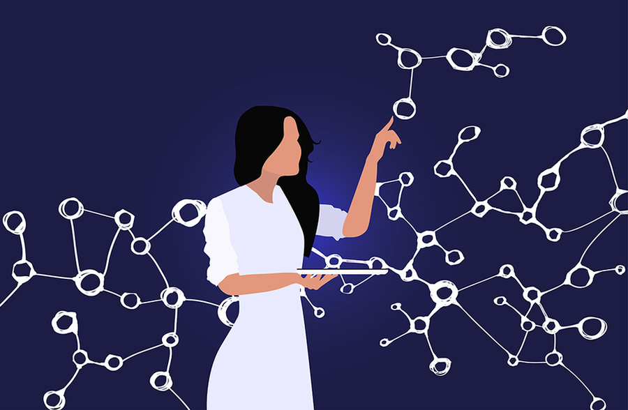 Illustration of a woman holding a tablet and touching what look like molecules in the air