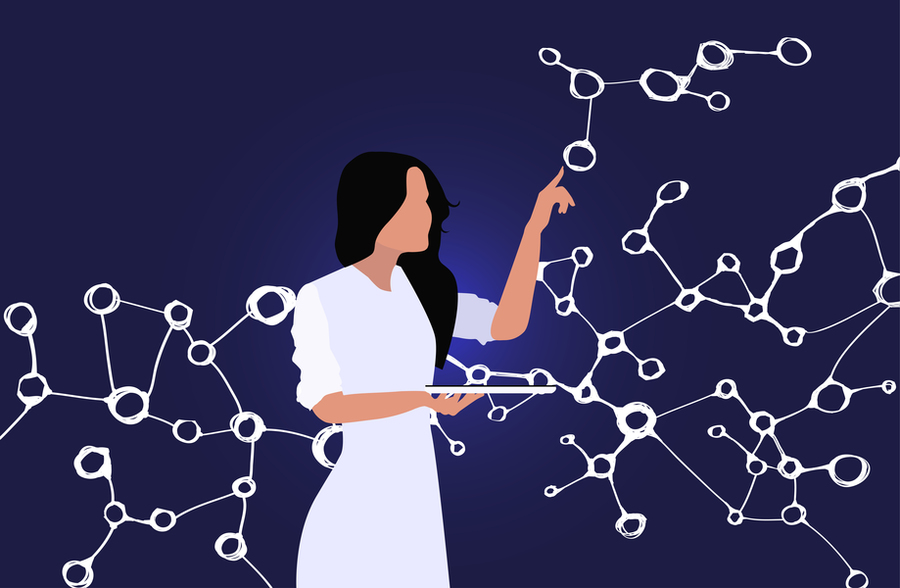 Illustration of a woman holding a tablet and touching what look like molecules in the air