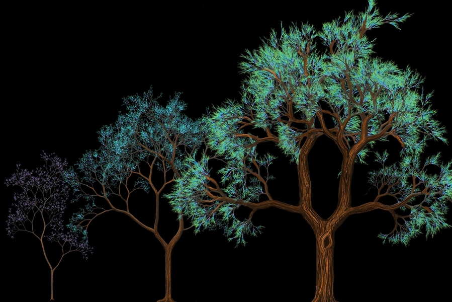 Illustration of three trees, with many branches dividing and coated in green and blue leaves, against a black background