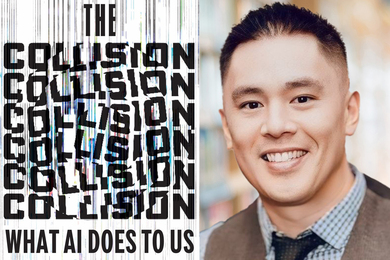 On Left, the cover to “The Collision: What AI Does to Us” has the word “collision” repeated and with shockwave ripples. On right is Eric So’s portrait.