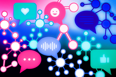 Chat icons and colorful networks, interconnected