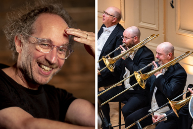 On left, a portrait of Tod Machover. On right, musicians in the Boston Symphony.