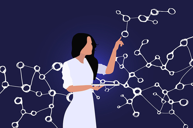 Illustration of a woman holding a tablet and touching what look like molecules in the air