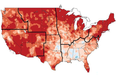 Temperature map of the continental United States is dominated by red and orange