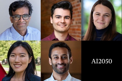 Five portrait photos of MIT faculty, plus the term AI2050